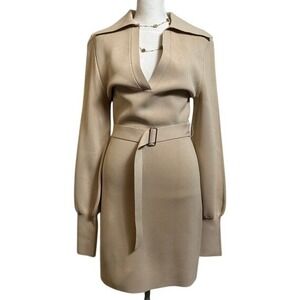 NICHOLAS Jade Knit V-Neck Mini Dress Beige Ribbed Long Sleeve Medium